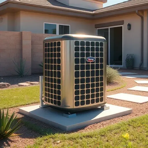 Newly installed residential HVAC system on a concrete pad in Justin, TX backyard, with modern home and landscaping.
