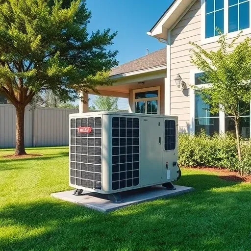 Residential backyard with a modern HVAC system, lush greenery, well-maintained landscape, and a contemporary house exterior.