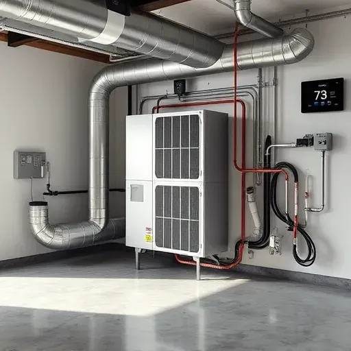 Completed HVAC system in modern basement, featuring sleek ducts, air handler, organized wiring, and digital thermostat.