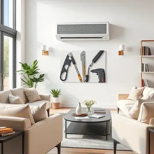 Modern living room in Willow Park TX highlighting an efficient air conditioning unit amidst stylish decor and natural light.