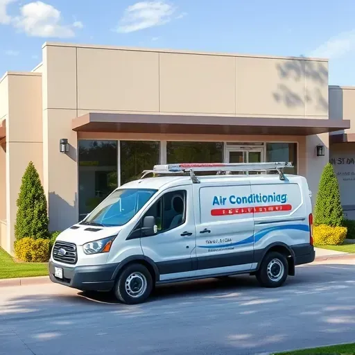 Professional air conditioning repair service van parked in front of a modern commercial building with landscaped surroundings in Haltom City Texas