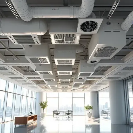 Modern Fort Worth commercial building with detailed air ducts, vents, sensors, sleek ceiling, and a professional office interior