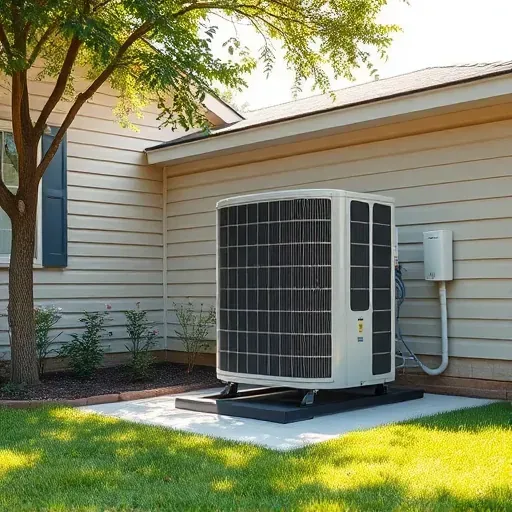Repaired outdoor HVAC unit in Forest Hill, TX, on a concrete pad beside a house, surrounded by lush landscaping and sunny skies.