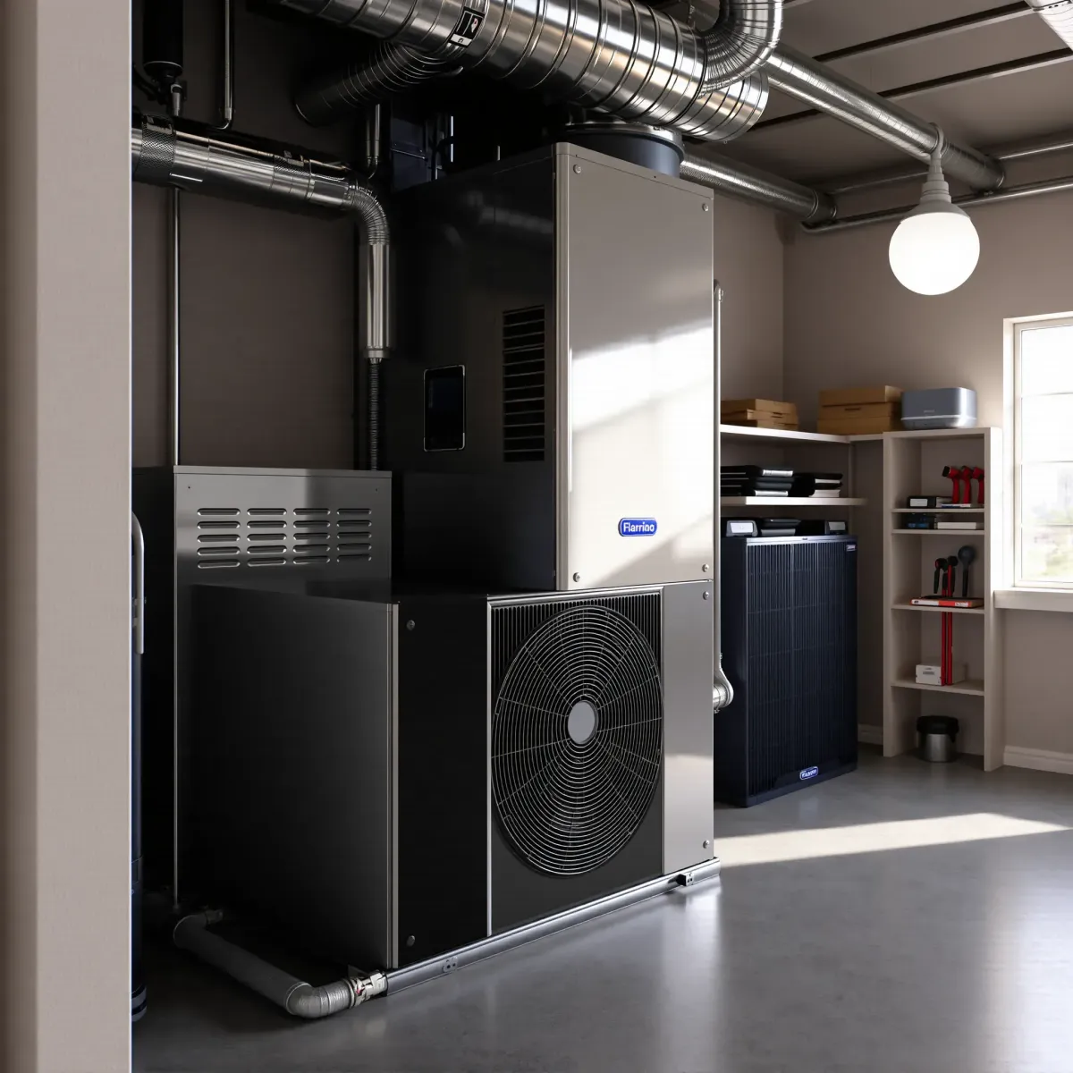 Modern HVAC system with polished metal finish, organized ductwork, in a clean, well-lit utility room in North Richland Hills, TX.