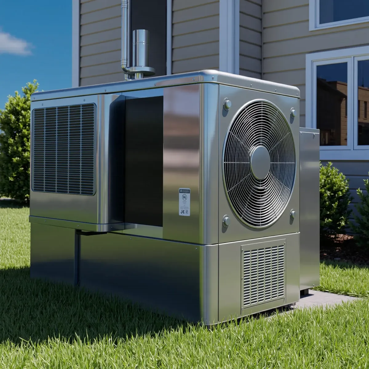Modern HVAC unit installed outside a tidy Annetta, TX home, with lush greenery and bright Texas sunshine.