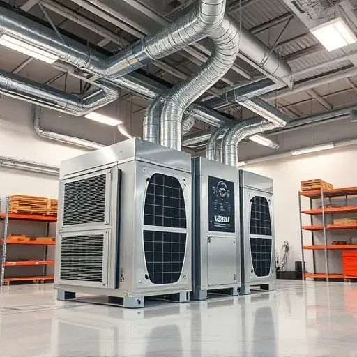 Modern commercial HVAC system with sleek metallic units, detailed ductwork, control panels, and organized mechanical room in Richland Hills, TX.
