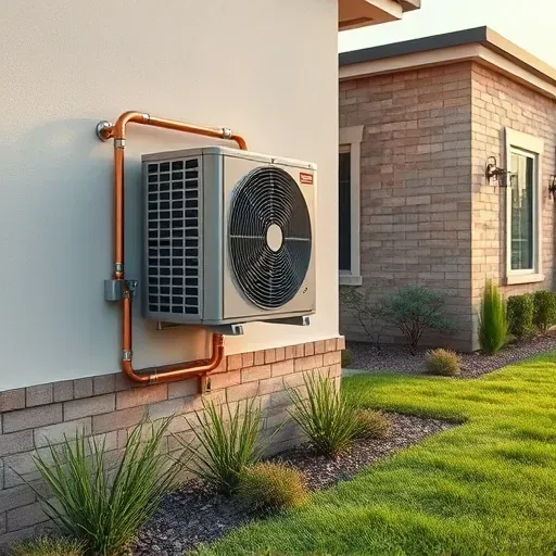 Recently installed outdoor air conditioning unit on a modern Fort Worth home with copper lines and landscaped yard during daytime