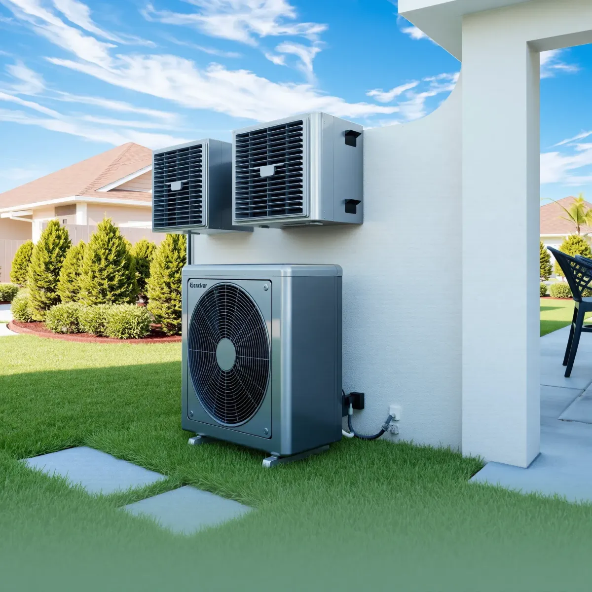 Modern home backyard with a securely installed central AC unit on the exterior wall, surrounded by lush greenery.