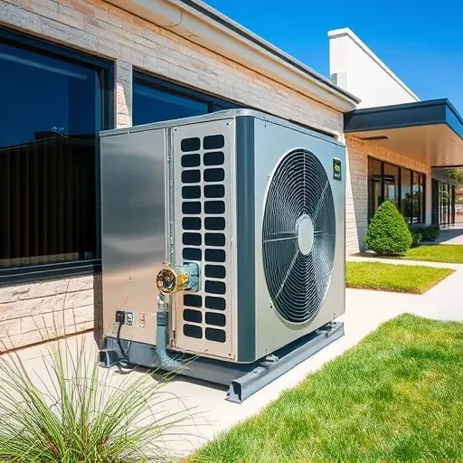 HVAC system installation in Roanoke, TX, featuring a sleek unit on a modern building exterior with detailed connections and landscaping.