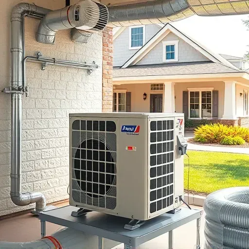 Completed HVAC installation in Saginaw TX with sleek unit, detailed ductwork, and charming residential backdrop.