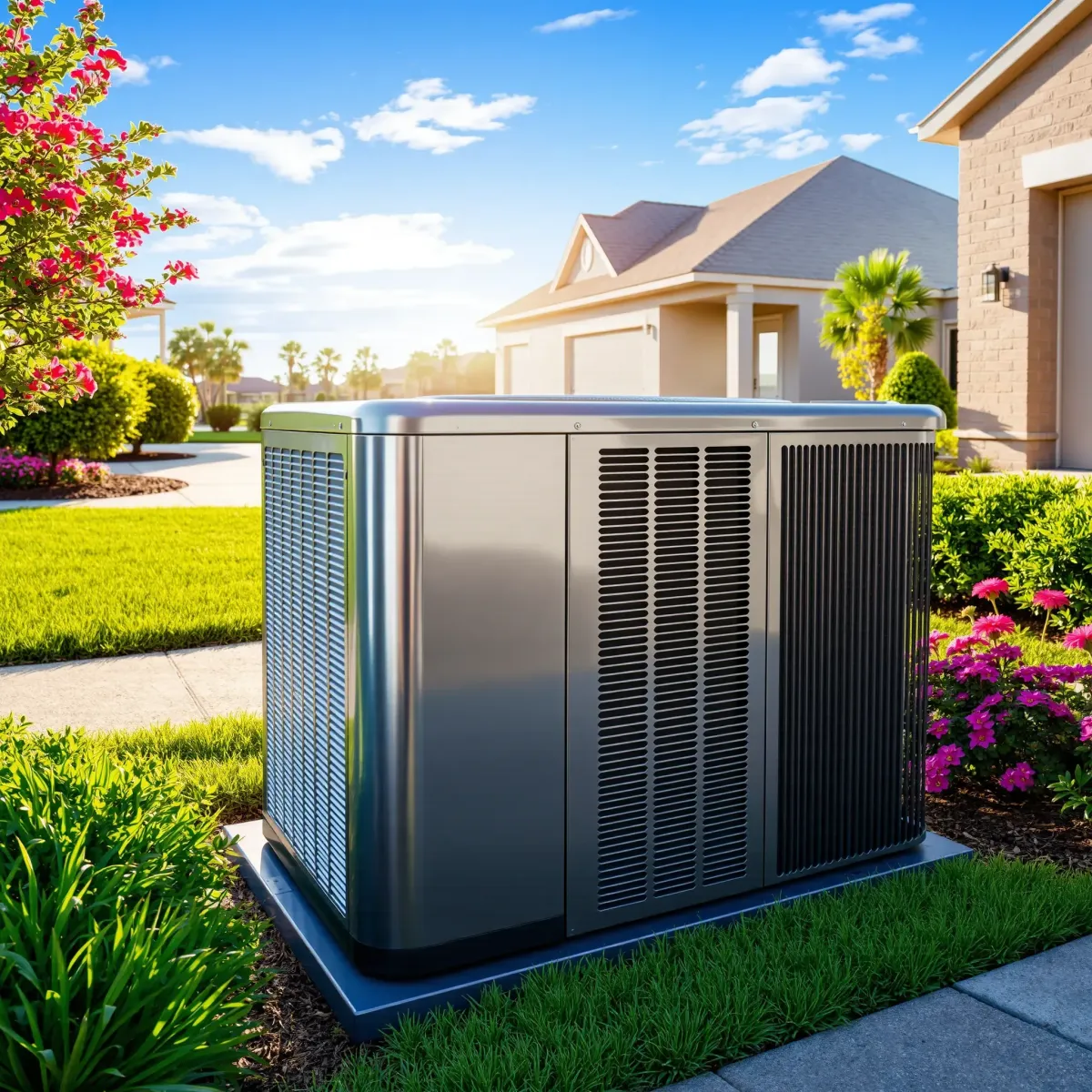Outdoor air conditioning unit installed on a concrete pad in Hudson Oaks, TX, surrounded by landscaping and a residential home.