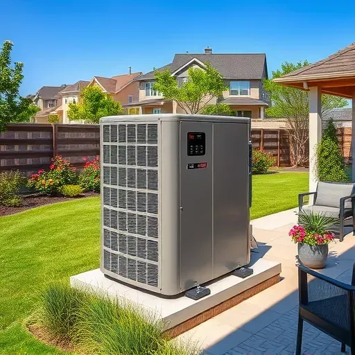 Modern outdoor HVAC system installed in Watauga, TX yard with landscaped greenery, patio furniture, and suburban neighborhood.