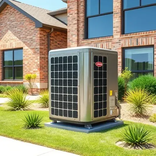 Outdoor new HVAC unit with modern design, lush landscaping, and a brick house in sunny Annetta, TX.