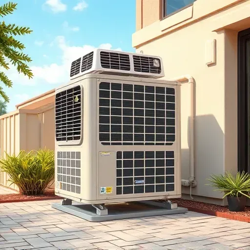 Newly serviced air conditioning unit on a clean building exterior in Fort Worth TX with landscaped surroundings and sunny weather