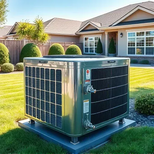 Repaired outdoor AC unit with polished surfaces in a tidy backyard of Justin, TX, under a clear blue sky.