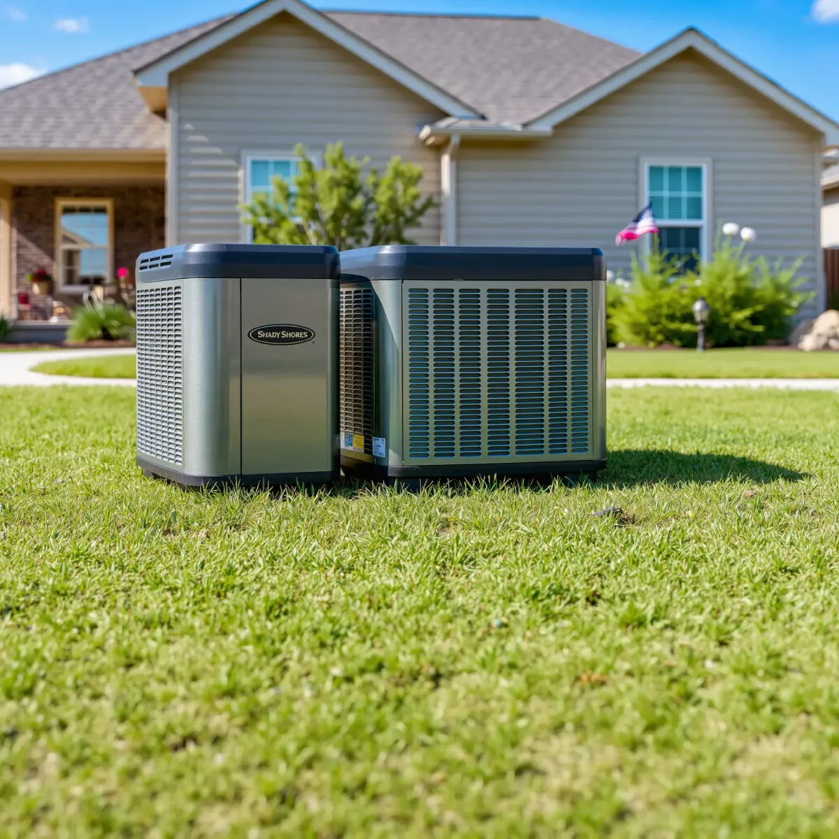 Outdoor HVAC system in Corinth, TX, showcasing modern, polished equipment on a tidy lawn with clear sky.