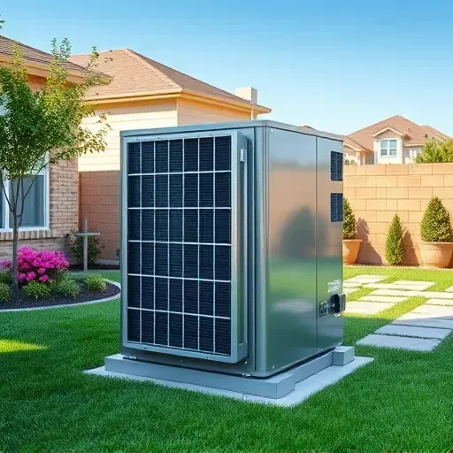 Modern outdoor heat pump installed in residential backyard with lush greenery, stone patio, and clear blue sky