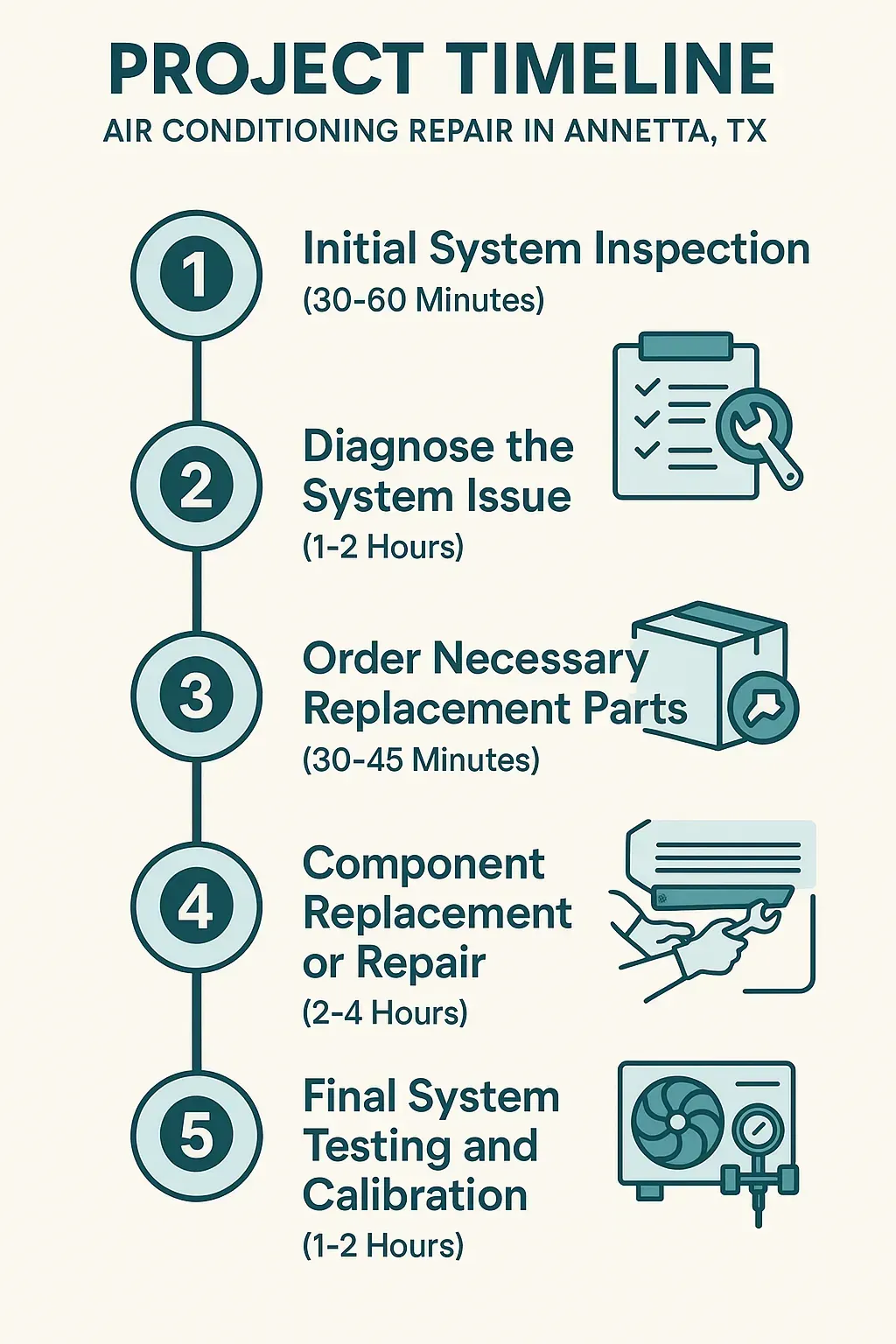 Infographic showing 5-step air conditioning repair timeline in Annetta, TX: inspection to testing.