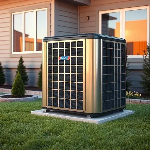 Outdoor modern HVAC unit in a tidy backyard with lush lawn, shrubs, and a contemporary house in North Richland Hills, TX.