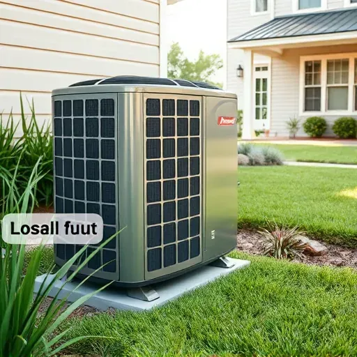 Seamless outdoor air conditioning unit installed in a lush landscaped backyard with sunny daylight and residential surroundings