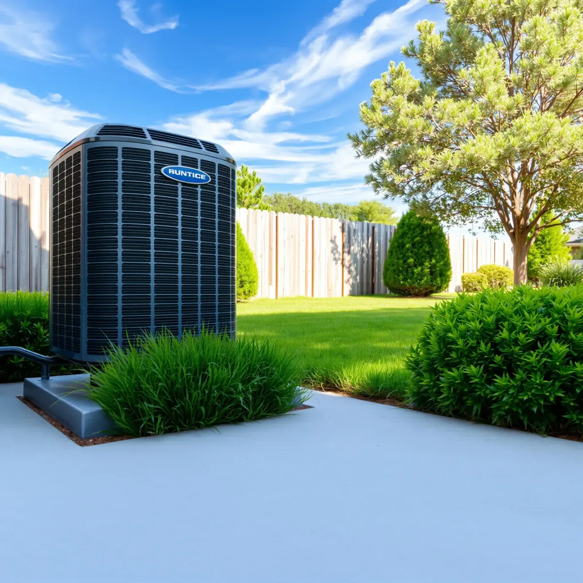 Completed air conditioning repair outside a modern Texas home, showcasing clean unit, organized wiring, and lush yard.