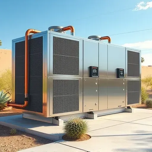 Outdoor HVAC system in Lakeside, TX, with sleek furnace, A/C units, copper lines, and desert landscaping.