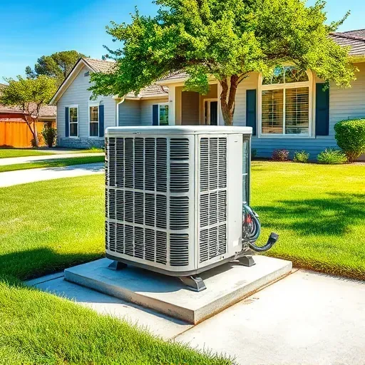 Freshly repaired air conditioning unit outdoors in Pecan Acres TX, set on concrete amid a neat lawn and cozy home backdrop.