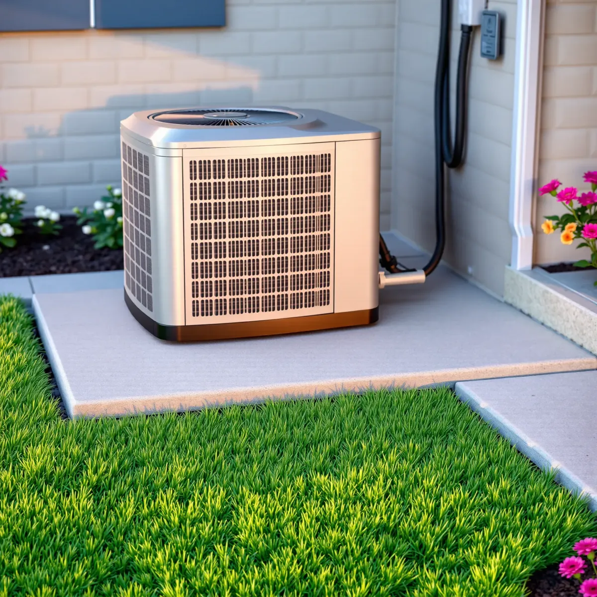 Freshly repaired outdoor AC unit on modern Burleson, TX home, surrounded by lush landscaping and clean, professional installation.