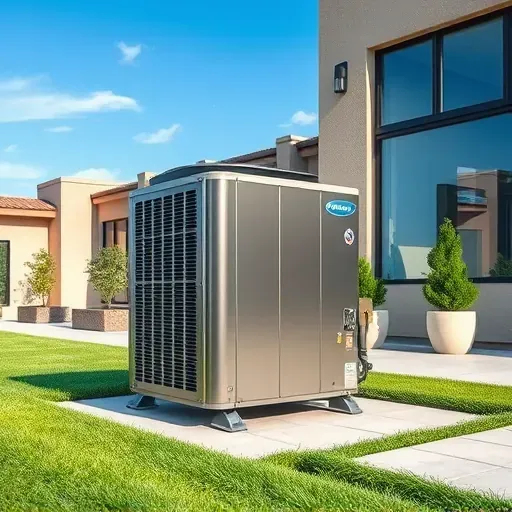 Repaired outdoor air conditioning unit on a concrete pad beside a modern house with garden and sunny blue sky in Lake Worth Texas