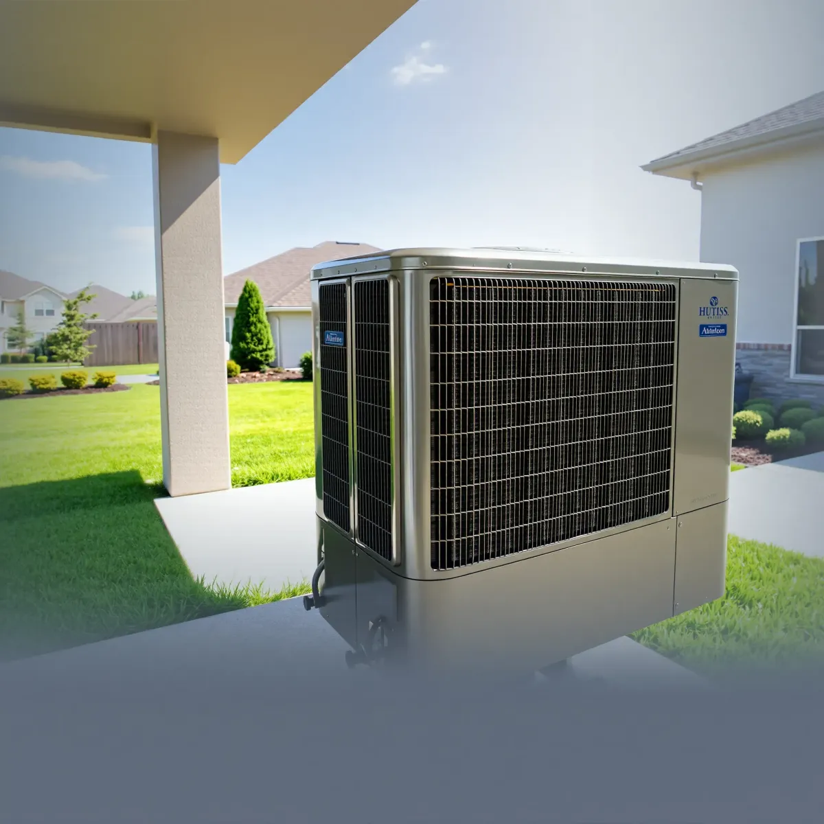 Completed air conditioning repair on a modern outdoor unit in Blue Mound, TX, set in a clean, well-kept residential patio.