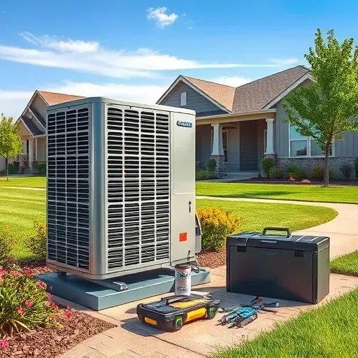 Modern outdoor AC unit in Crowley TX with tidy lawn, tools nearby, showcasing quality service and reliability.