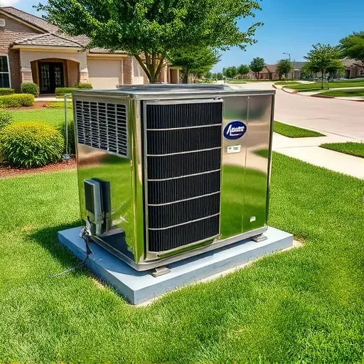 Outdoor HVAC system in Justin, TX, on a concrete pad amid lush landscaping with a suburban neighborhood in the background.