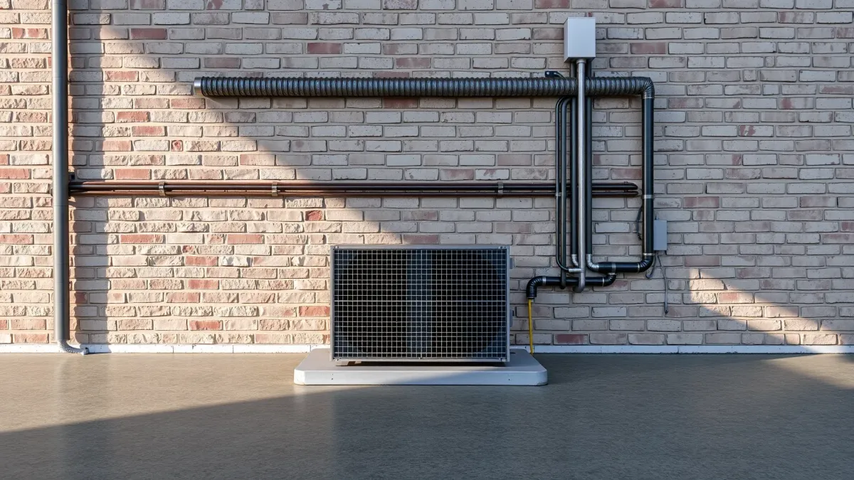 Outdoor high-efficiency HVAC system installed in Pecan Acres, TX, with lush landscaping and Texas native trees.