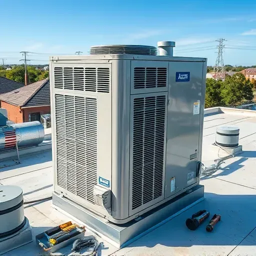 Serviced modern air conditioning unit on a clean rooftop in North Richland Hills TX with clear sky and organized tools