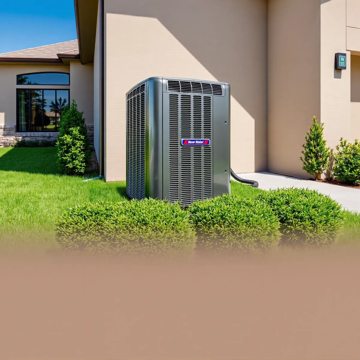 New AC unit in a landscaped backyard near a modern house with patio, lush grass, shrubs, and sunny weather.