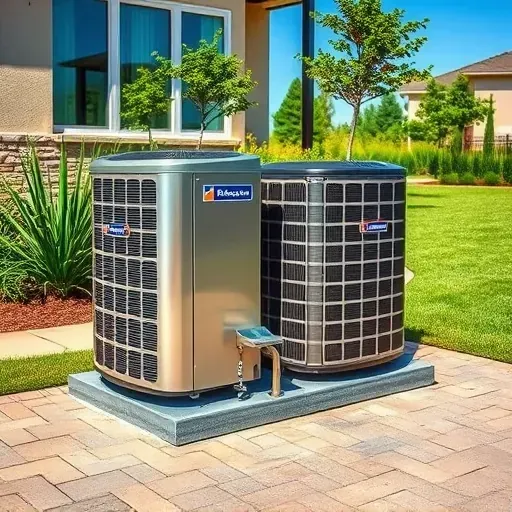 Outdoor modern air conditioning unit on a driveway in Fort Worth, TX with landscaped yard and clear blue sky.