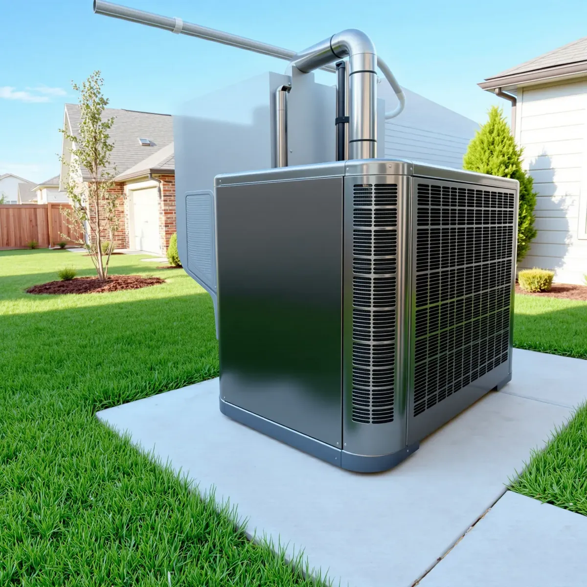 Modern outdoor HVAC unit in Crowley, TX yard with clean ductwork, lush grass, and suburban neighborhood background.