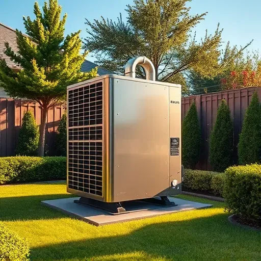 Modern outdoor air conditioning unit installed in a tidy backyard with green grass, bushes, and trees under blue sky.