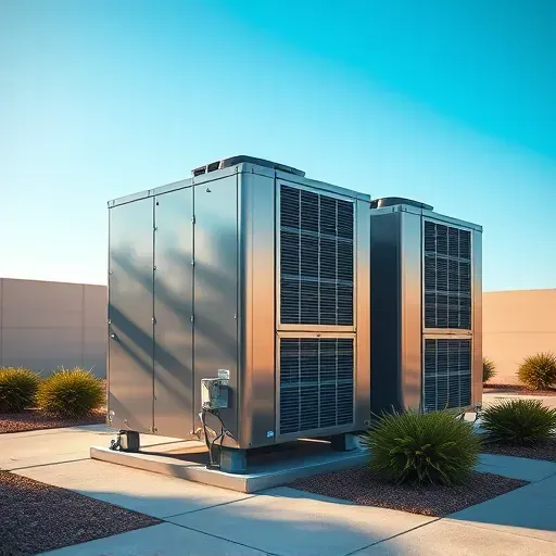 Outdoor HVAC system in Northlake, TX with modern design, metallic textures, landscaped greenery, and clear sky.