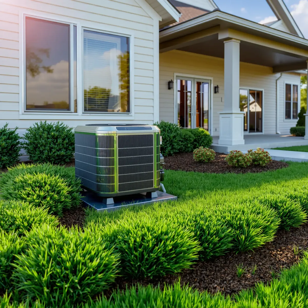 Outdoor HVAC repair scene in Hudson Oaks, TX featuring a lifted air conditioning unit, tools, and sunny desert landscaping.