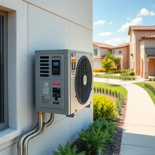 Repaired outdoor air conditioning unit on building wall in Western Lake Texas with metallic vents control panel and wiring