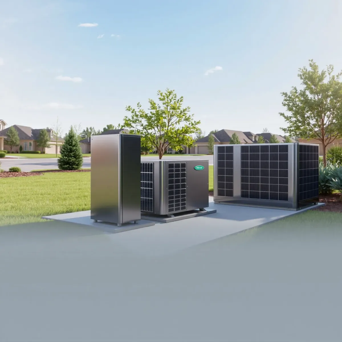 Completed outdoor HVAC system in White Settlement, TX, with sleek equipment, precise ductwork, lush landscaping, and sunny sky.