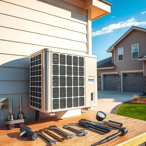 Professional AC repair scene in Everman, TX with modern unit, organized tools, sunny sky, suburban backdrop.