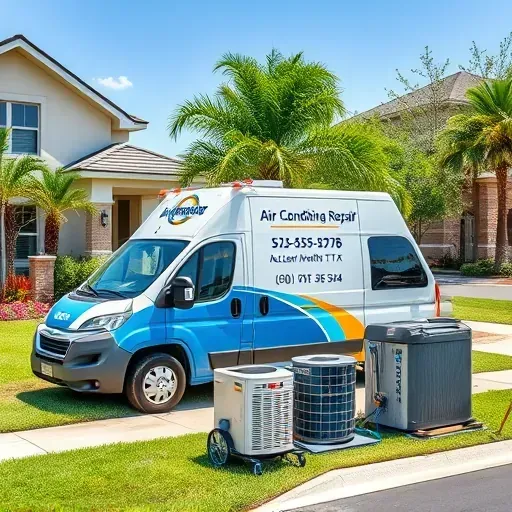 Air conditioning repair truck with company logo parked outside a modern home in Lake Worth, TX, with equipment nearby.