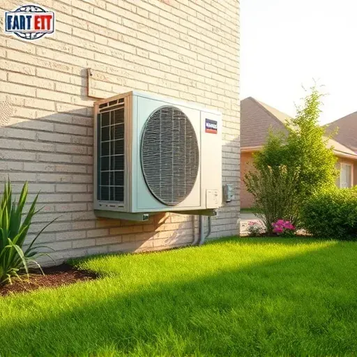 Recently repaired outdoor split-system air conditioner installed on a brick wall in Aledo, TX, with lush lawn and blooming plants.