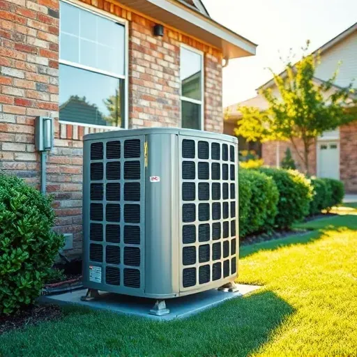 Repaired air conditioning unit on a modern home in Crowley, TX, with lush lawn, trimmed bushes, and clear sky.
