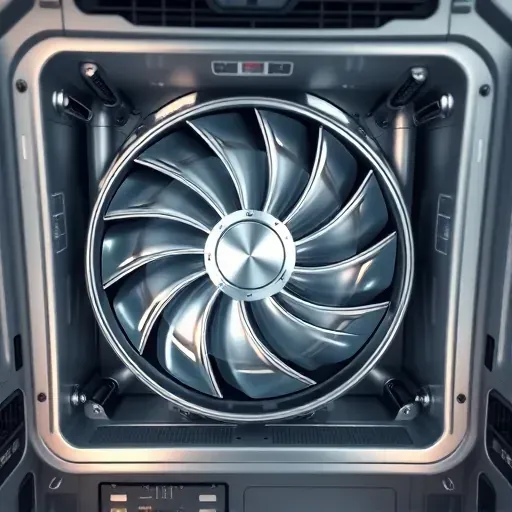 Interior of a clean, well-maintained air conditioning unit with shiny metal parts and precise fins, in a professional service setting.