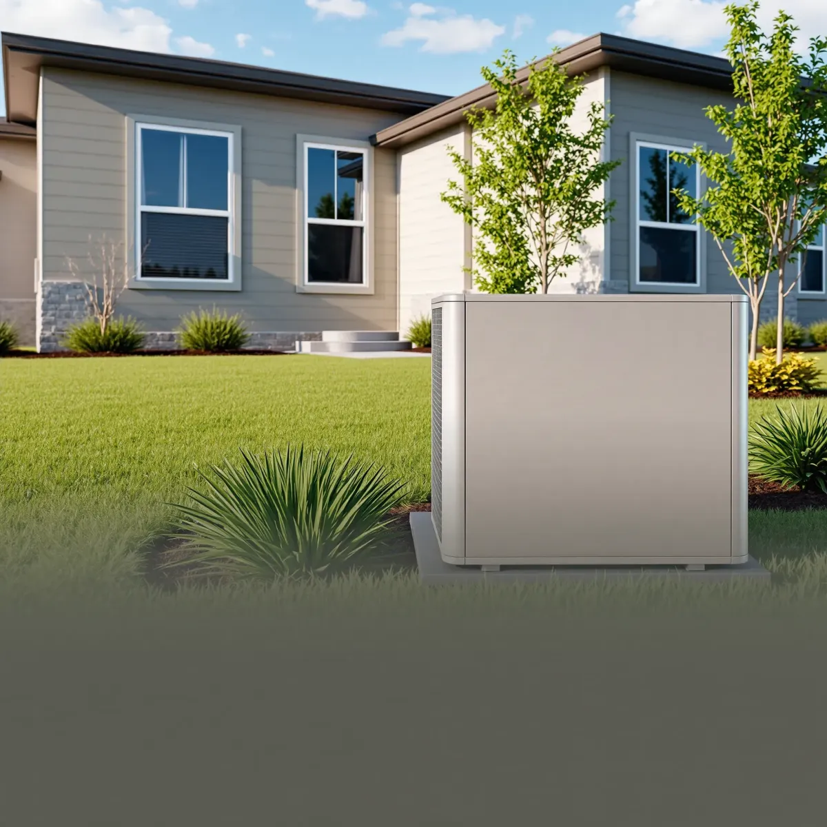 Outdoor modern HVAC system in Weatherford, TX with sleek design, lush landscaping, and residential background.