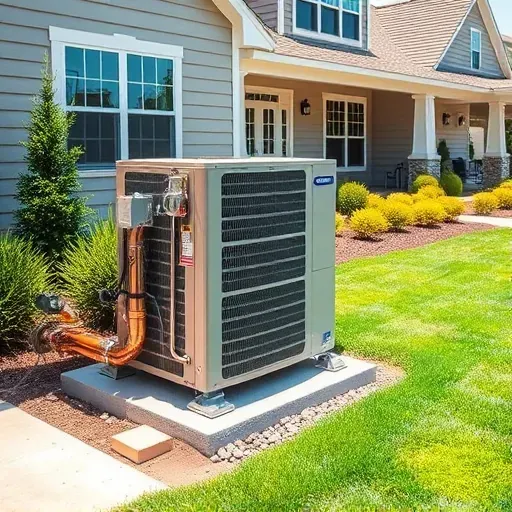 Modern outdoor HVAC unit installed on a tidy residential property with lush lawns and a stylish home.