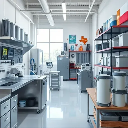 Modern filter replacement workshop in Fort Worth featuring stainless steel workbenches, organized tools, filters, and bright natural lighting